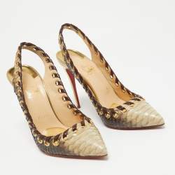 Christian Louboutin Grey/Beige Python Ostri Slingback Pumps Size 40.5 