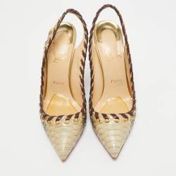 Christian Louboutin Grey/Beige Python Ostri Slingback Pumps Size 40.5 