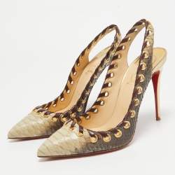 Christian Louboutin Grey/Beige Python Ostri Slingback Pumps Size 40.5 