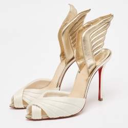Christian Louboutin White/Gold Satin and Leather Samotresse Sandals Size 38