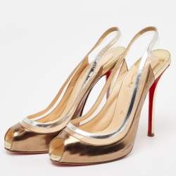 Pre Owned Christian Louboutin Gold/Silver Leather and PVC Paulina Peep Toe Pumps Size 38