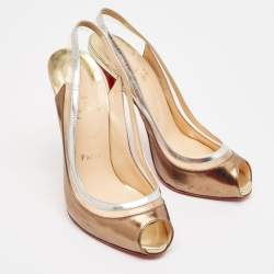 Pre Owned Christian Louboutin Gold/Silver Leather and PVC Paulina Peep Toe Pumps Size 38