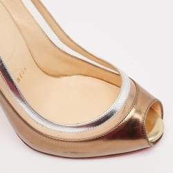 Pre Owned Christian Louboutin Gold/Silver Leather and PVC Paulina Peep Toe Pumps Size 38