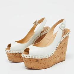 مملوكة مسبقًا Christian Louboutin White Leather Monico Cork Platform Wedge Sandals Size 37