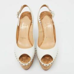 مملوكة مسبقًا Christian Louboutin White Leather Monico Cork Platform Wedge Sandals Size 37