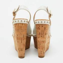 مملوكة مسبقًا Christian Louboutin White Leather Monico Cork Platform Wedge Sandals Size 37