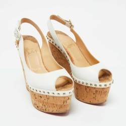 مملوكة مسبقًا Christian Louboutin White Leather Monico Cork Platform Wedge Sandals Size 37