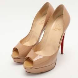 Christian Louboutin Beige Patent Leather Lady Peep Peep Toe Platform Pumps Size 38