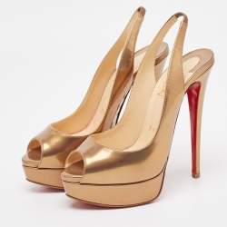 Pre Owned Christian Louboutin Brown Patent Leather Lady Peep Slingback Platform Pumps Size 38