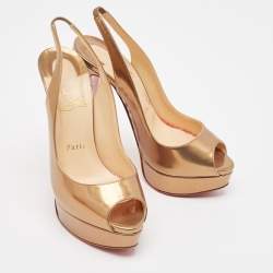 Pre Owned Christian Louboutin Brown Patent Leather Lady Peep Slingback Platform Pumps Size 38