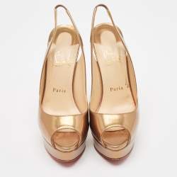 Pre Owned Christian Louboutin Brown Patent Leather Lady Peep Slingback Platform Pumps Size 38