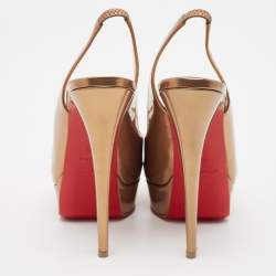 Pre Owned Christian Louboutin Brown Patent Leather Lady Peep Slingback Platform Pumps Size 38