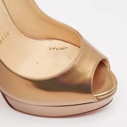 Pre Owned Christian Louboutin Brown Patent Leather Lady Peep Slingback Platform Pumps Size 38
