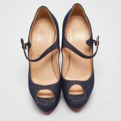 Pre Owned Christian Louboutin Navy Blue Denim Zeppa Mary Jane Pumps Size 39