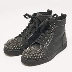 Christian Louboutin Black Glitter Lou Spikes High Top Sneakers Size 37