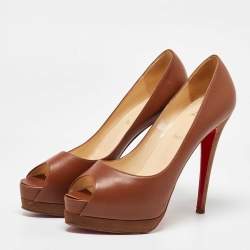 Pre Owned Christian Louboutin Brown Leather Peep Toe Platform Pumps Size 40.5