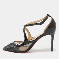 Pre Owned Christian Louboutin Black Patent and Mesh Strass Twistissima Pumps Size 38
