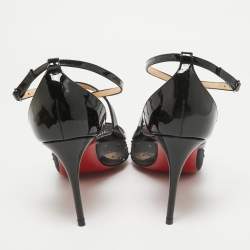 Pre Owned Christian Louboutin Black Patent and Mesh Strass Twistissima Pumps Size 38