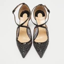 Pre Owned Christian Louboutin Black Patent and Mesh Strass Twistissima Pumps Size 38