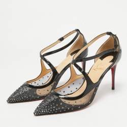 Pre Owned Christian Louboutin Black Patent and Mesh Strass Twistissima Pumps Size 38