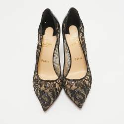 Pre Owned Christian Louboutin Black Mesh and Patent Leather Follies Lace Pumps Size 38.5