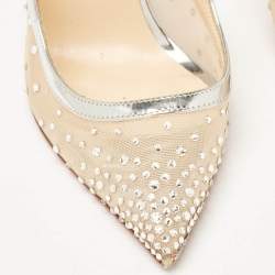 Pre Owned Christian Louboutin Silver Leather and Mesh Twistissima Strass Pumps Size 39.5