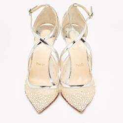 Pre Owned Christian Louboutin Silver Leather and Mesh Twistissima Strass Pumps Size 39.5