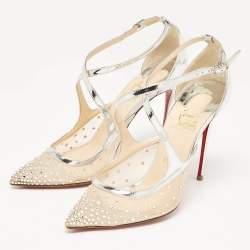 Pre Owned Christian Louboutin Silver Leather and Mesh Twistissima Strass Pumps Size 39.5