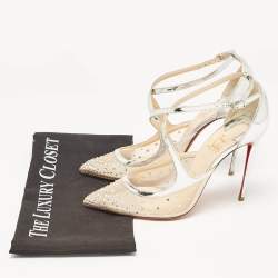 Pre Owned Christian Louboutin Silver Leather and Mesh Twistissima Strass Pumps Size 39.5