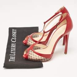 Christian Louboutin Red Leather and Mesh Peep Toe Sandals Size 38