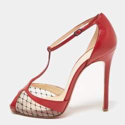 Christian Louboutin Red Leather and Mesh Peep Toe Sandals Size 38