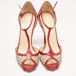 Christian Louboutin Red Leather and Mesh Peep Toe Sandals Size 38