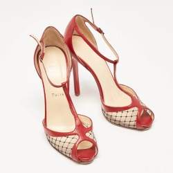 Christian Louboutin Red Leather and Mesh Peep Toe Sandals Size 38