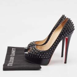 Christian Louboutin Black Leather Lady Peep Toe Spikes Platform Pumps Size 38