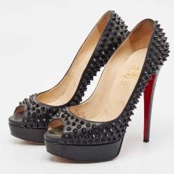 Christian Louboutin Black Leather Lady Peep Toe Spikes Platform Pumps Size 38