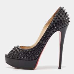 Christian Louboutin Black Leather Lady Peep Toe Spikes Platform Pumps Size 38