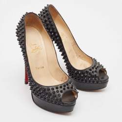 Christian Louboutin Black Leather Lady Peep Toe Spikes Platform Pumps Size 38