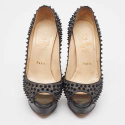 Christian Louboutin Black Leather Lady Peep Toe Spikes Platform Pumps Size 38