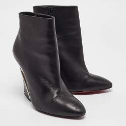 Christian Louboutin Black Leather Levitibootie Ankle Length Wedge Boots Size 37.5