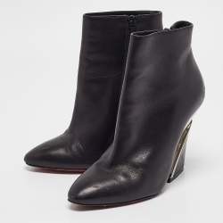 Christian Louboutin Black Leather Levitibootie Ankle Length Wedge Boots Size 37.5