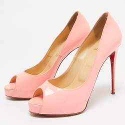 Christian Louboutin Rose Pink Patent Leather Very Prive Peep Toe Platform Pumps Size 38