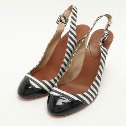 مملوكة مسبقًا Christian Louboutin Striped Canvas and Patent Cap Toe Slingback Wedges  Espadrille Size 37