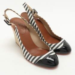 مملوكة مسبقًا Christian Louboutin Striped Canvas and Patent Cap Toe Slingback Wedges  Espadrille Size 37