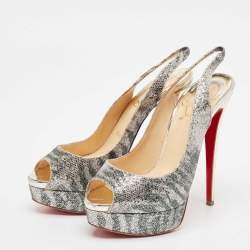 Christian Louboutin Silver Glitter Lady Peep Sling Pumps Size 38.5