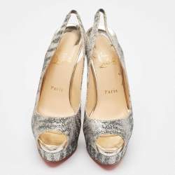 Christian Louboutin Silver Glitter Lady Peep Sling Pumps Size 38.5