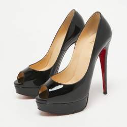 Christian Louboutin Black Patent Leather Lady Peep Peep Toe Pumps Size 37.5