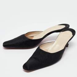 Pre Owned Christian Louboutin Black Fabric Square Toe Mules Size 37.5