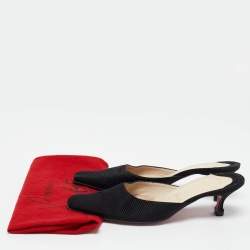 Pre Owned Christian Louboutin Black Fabric Square Toe Mules Size 37.5
