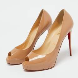Pre Owned Christian Louboutin Beige Patent Leather Lady Peep Peep Toe Pumps Size 39.5