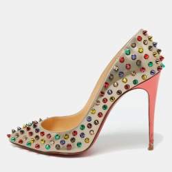 Christian Louboutin Metallic Beige Leather Pigalle Spikes Pointed Toe Pumps Size 39